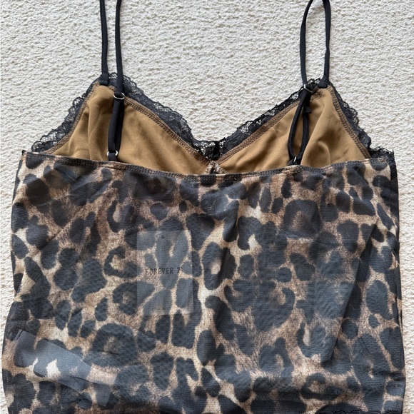 Forever 21 Leopard Animal Print Black Lace Trim V-Neck Cami Tank Top Camisole L - Picture 10 of 12